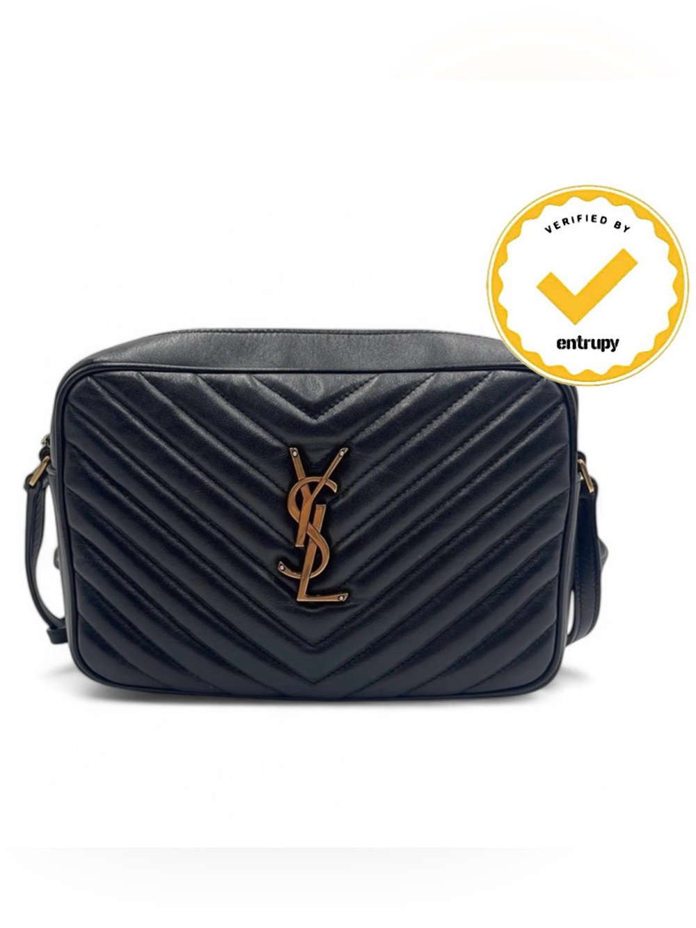 Saint Laurent YSL Lou Camera Bag Black Chevron Calfskin Gold HW Entrupy COA